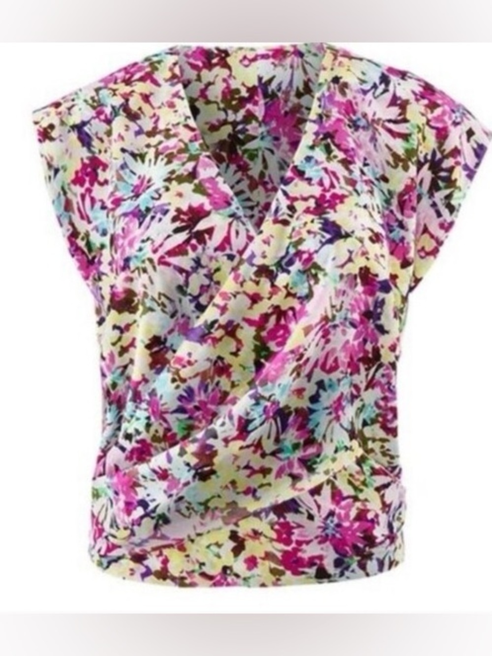 CAbi "Eden" Floral Faux Wrap Blouse #5211 multicolor abstract floral print